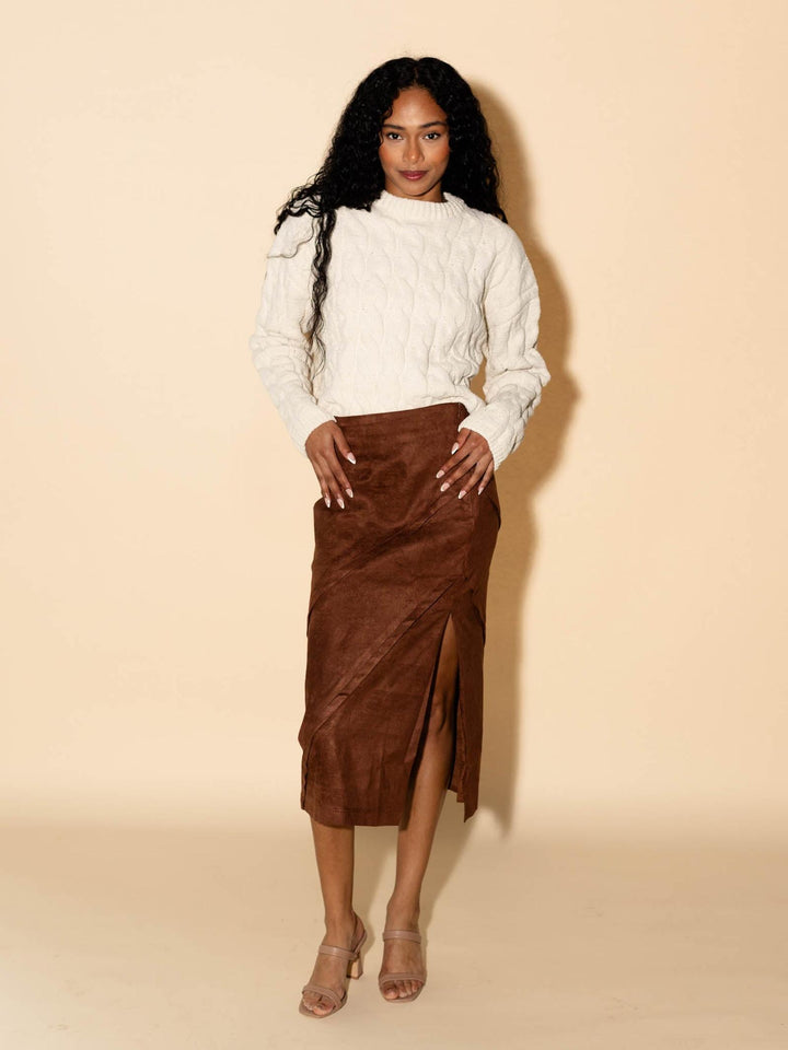 brown suede side slit skirt