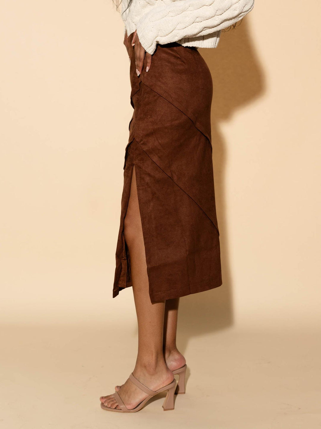 brown suede side slit skirt