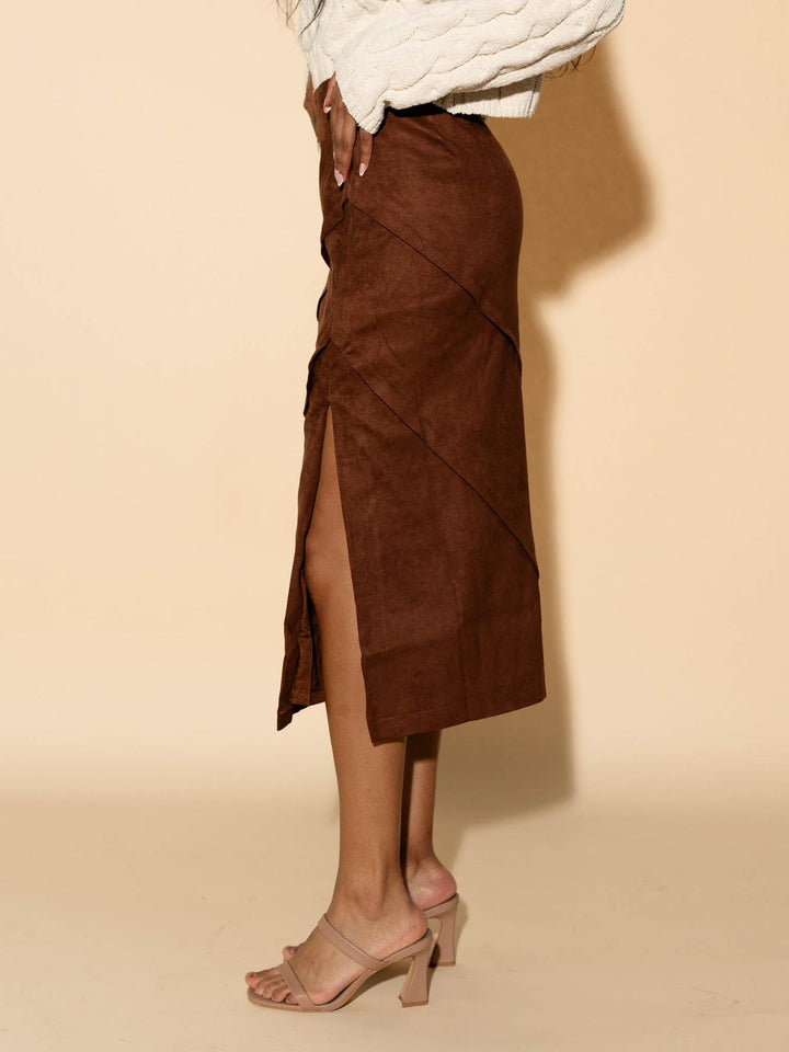 brown suede side slit skirt