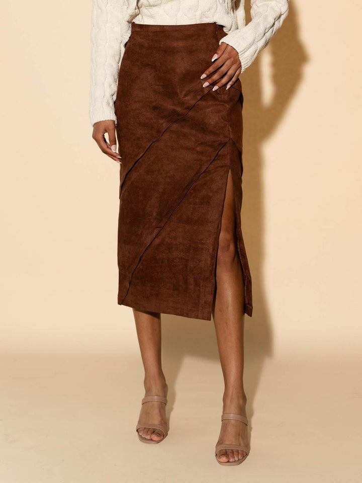 brown suede side slit skirt