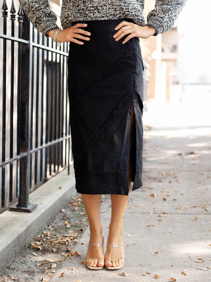 black suede side slit skirt