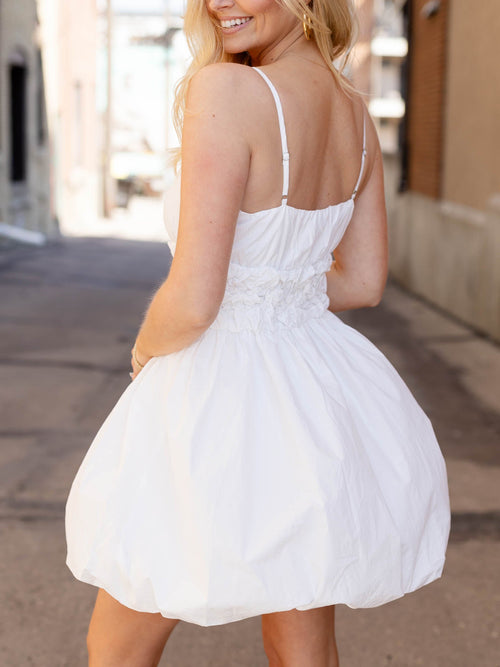 white smocked waist bubble mini dress