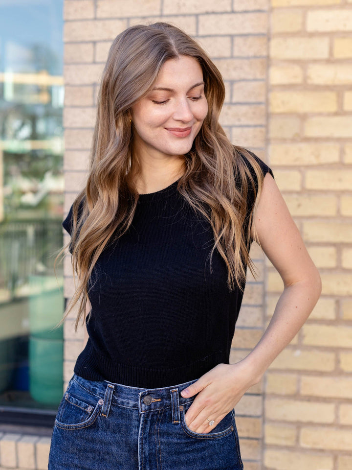 black cap sleeve knit top