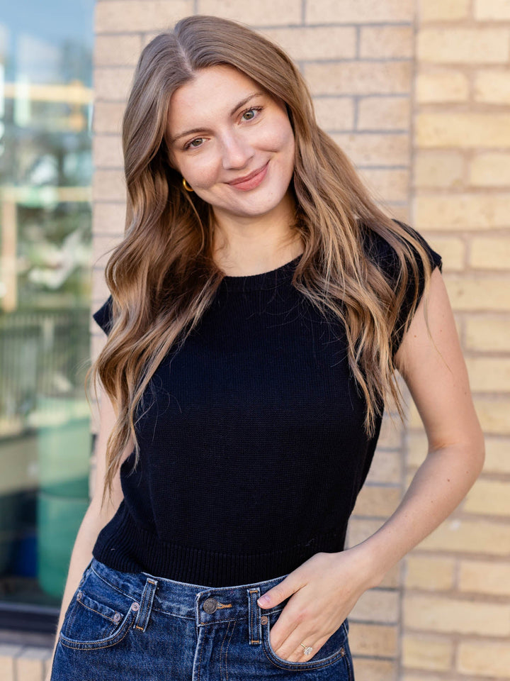 black cap sleeve knit top