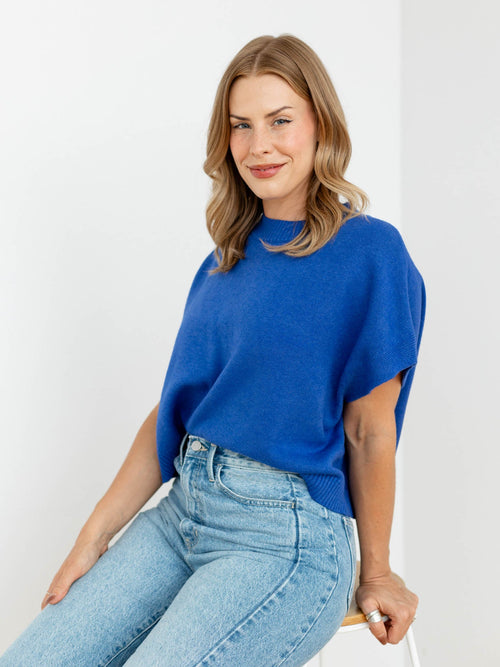 bright blue boxy sweater knit top