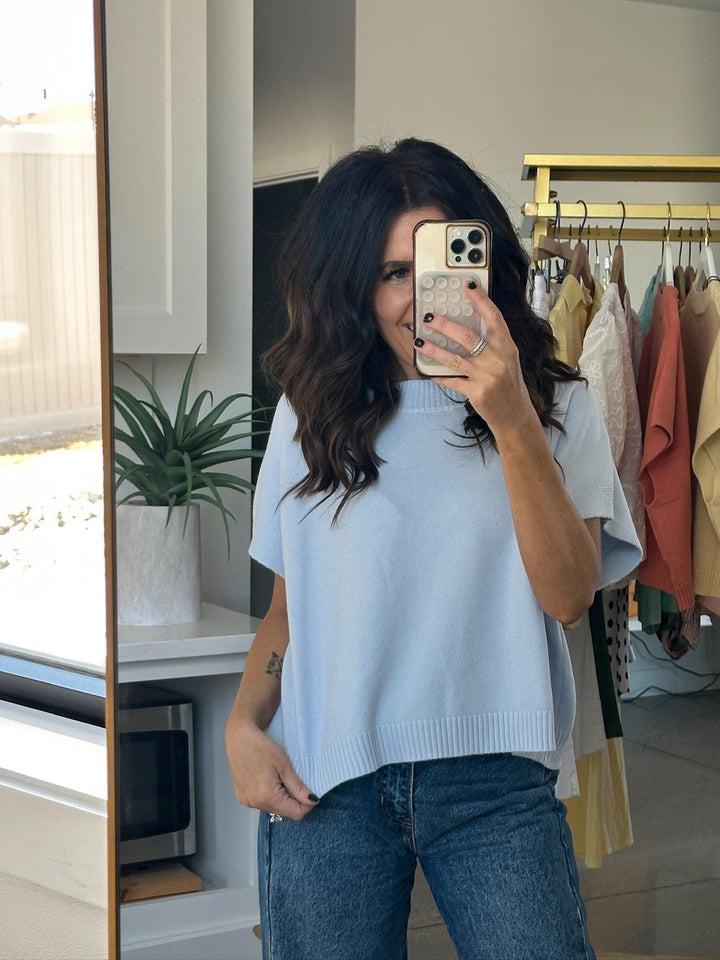 baby blue boxy short sleeve sweater
