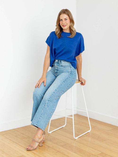bright blue boxy sweater knit top