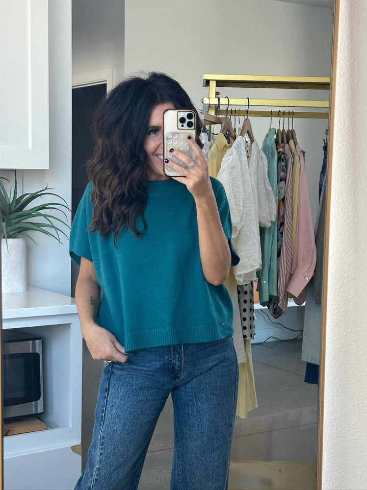 teal boxy short sleeve sweater