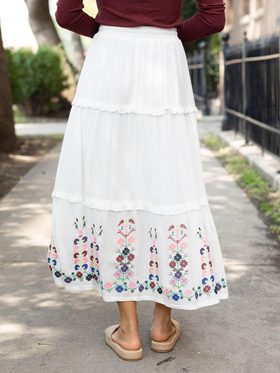 embroidered colorful tiered maxi skirt