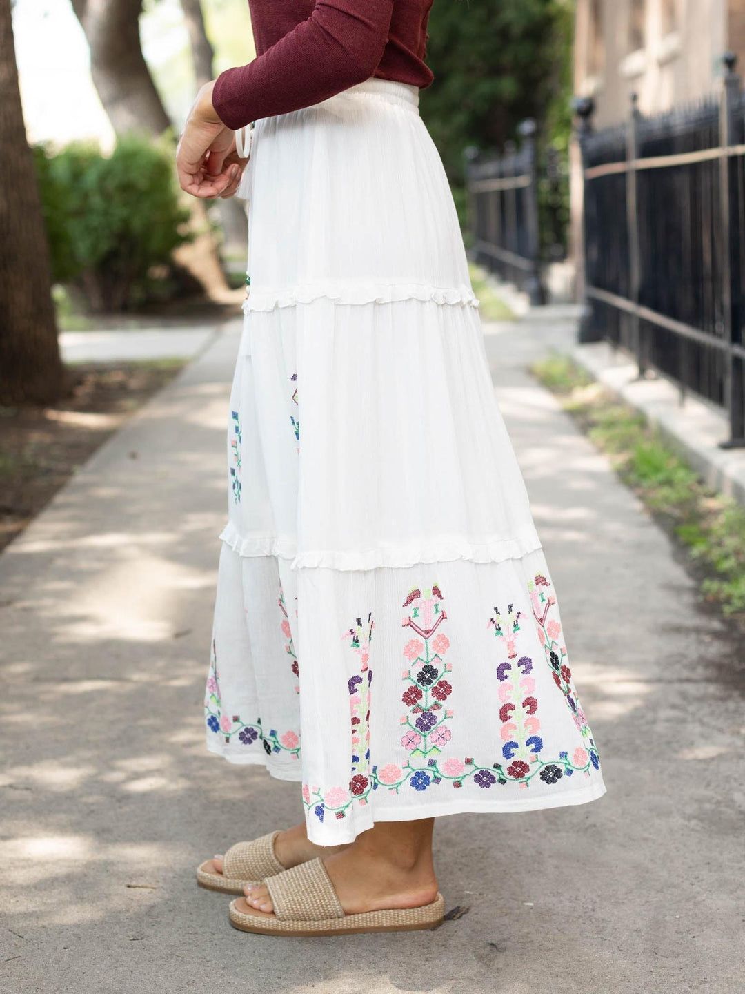 embroidered colorful tiered maxi skirt