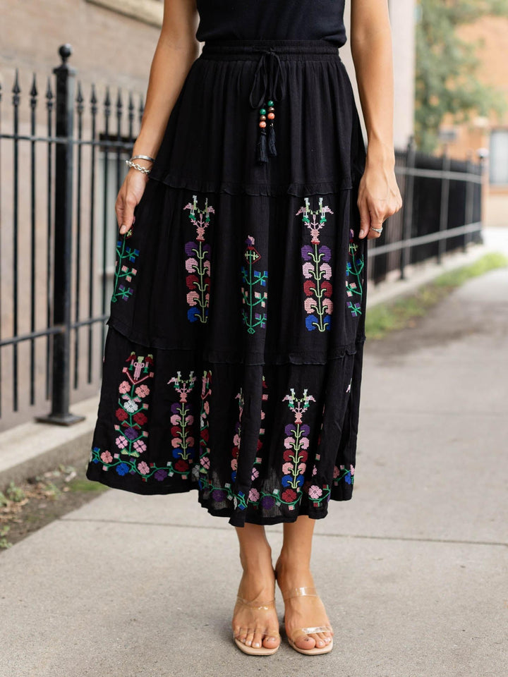 colorful black maxi skirt