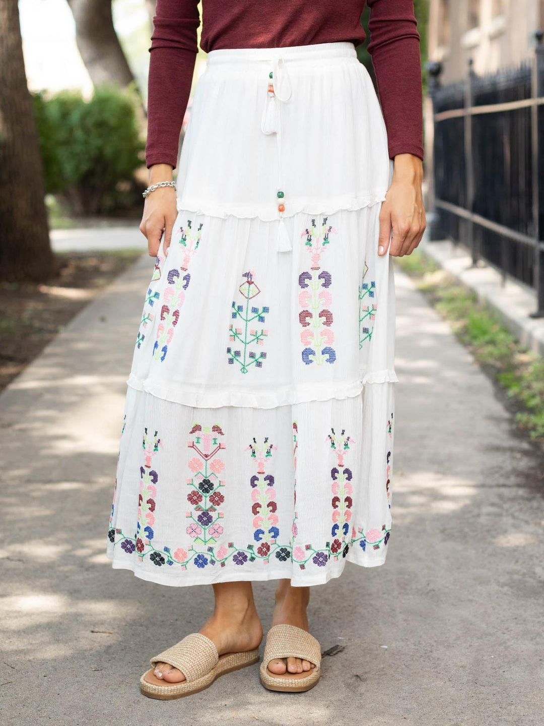 embroidered colorful tiered maxi skirt
