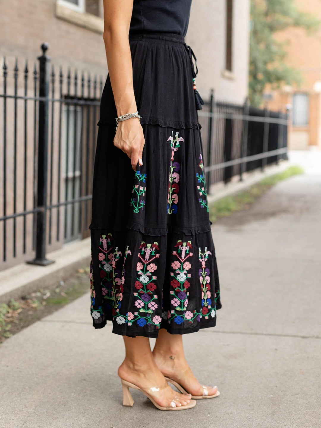 colorful black maxi skirt