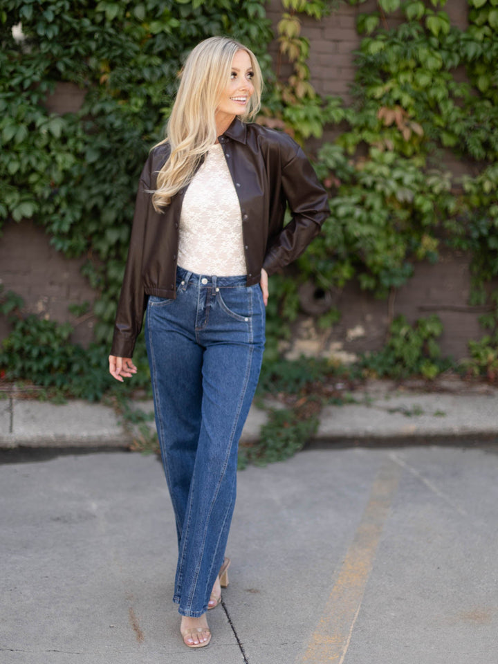 PINCH Cropped Faux Leather Bomber Jacket