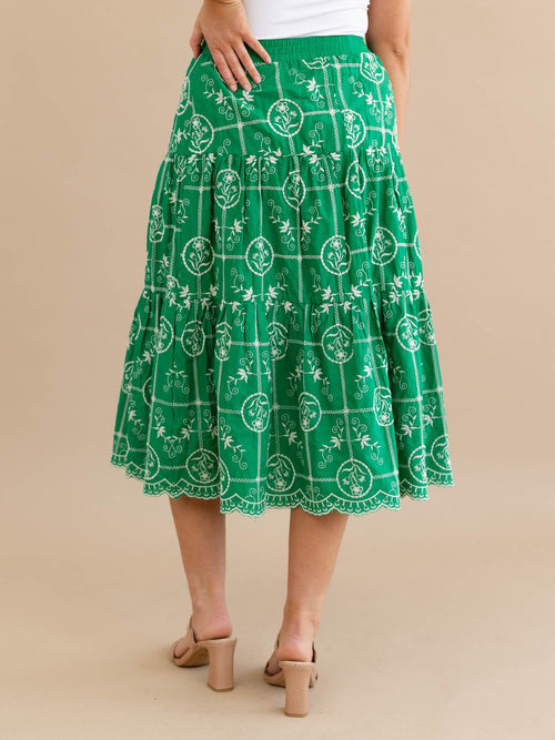 green and white embroidered floral midi skirt