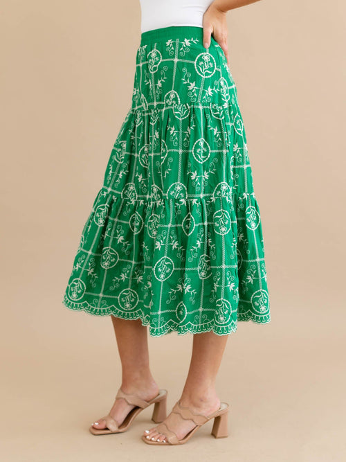 green and white embroidered floral midi skirt