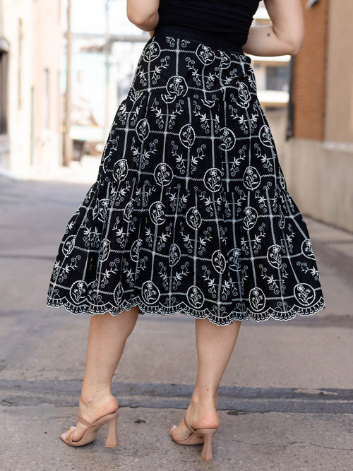 black and white embroidered floral midi skirt