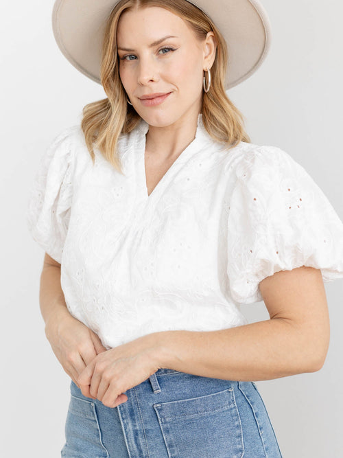 white eyelet embroidered v neck top