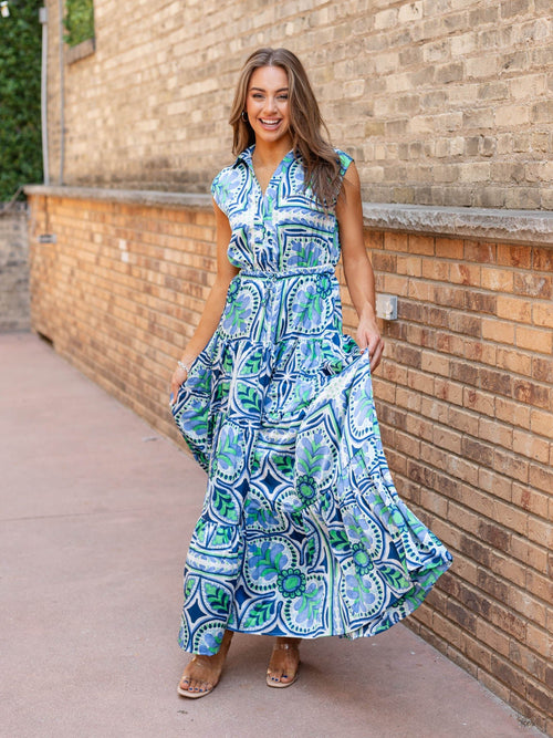 green and blue floral maxi dress