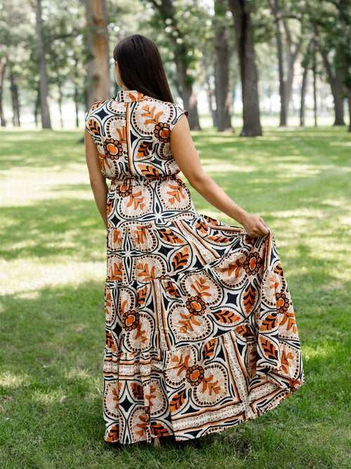rust pattern tiered dress