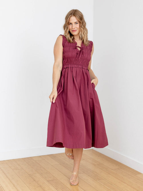 berry colored ruched midi dress