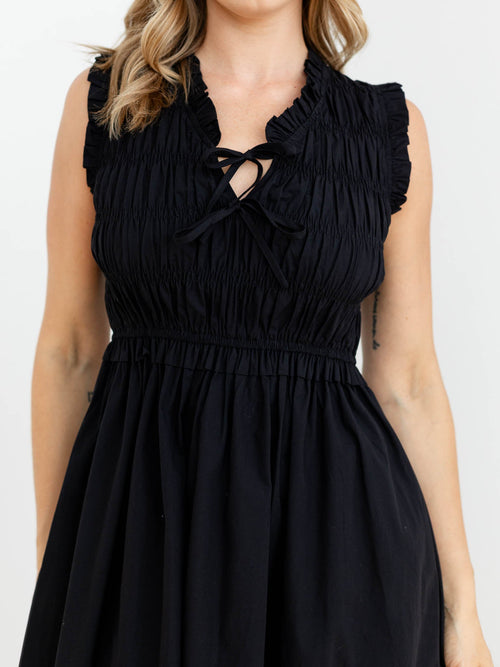 black smocked tie front midi dress