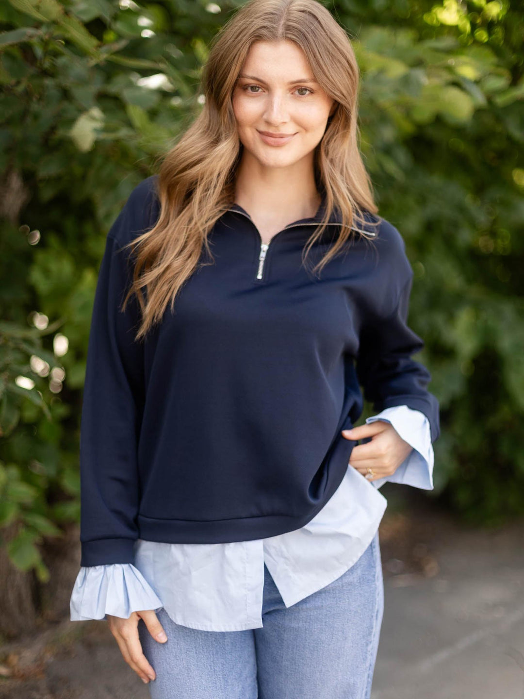 PINCH Layered Poplin Quarter Zip Sweatshirt
