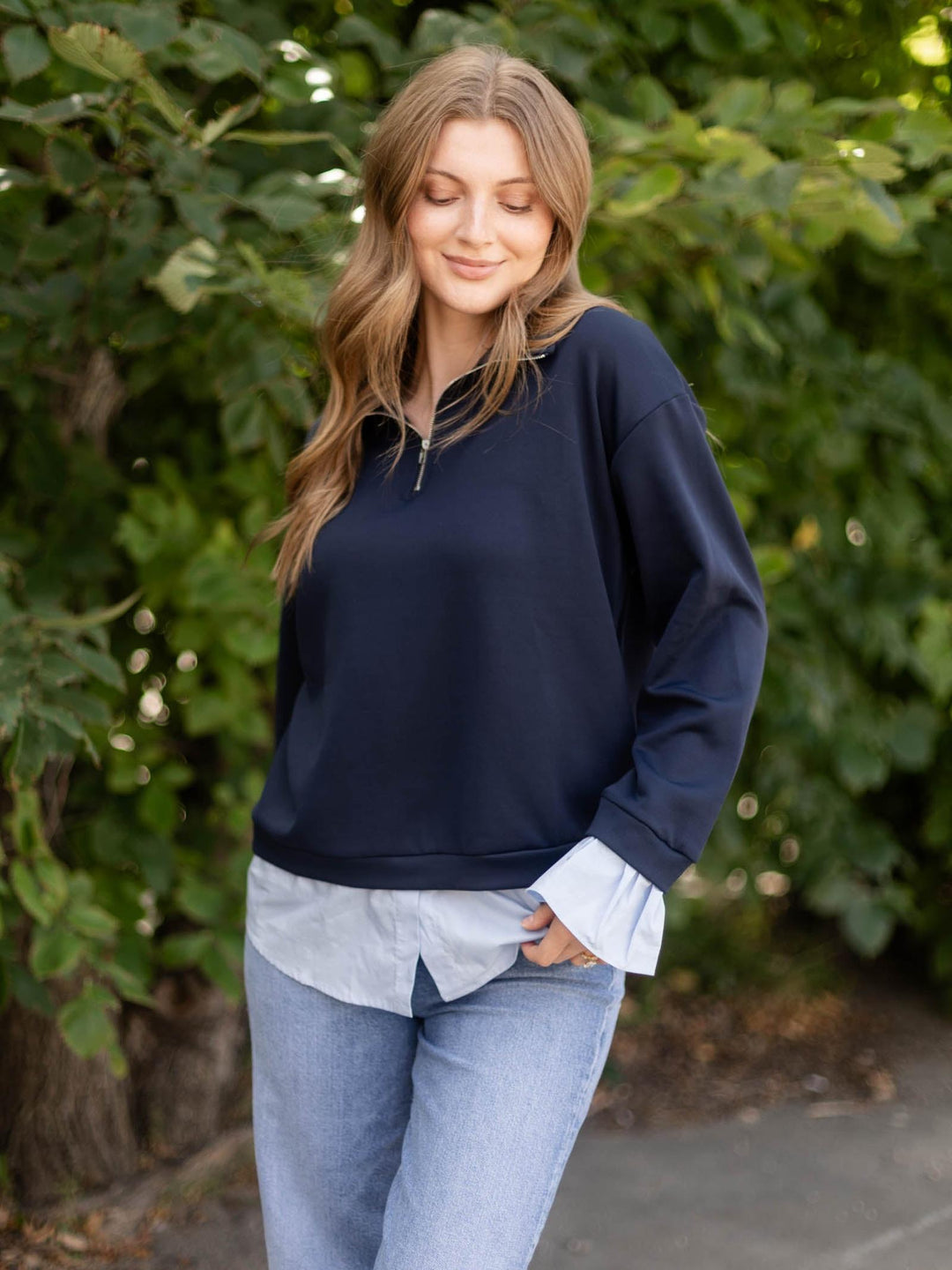 PINCH Layered Poplin Quarter Zip Sweatshirt