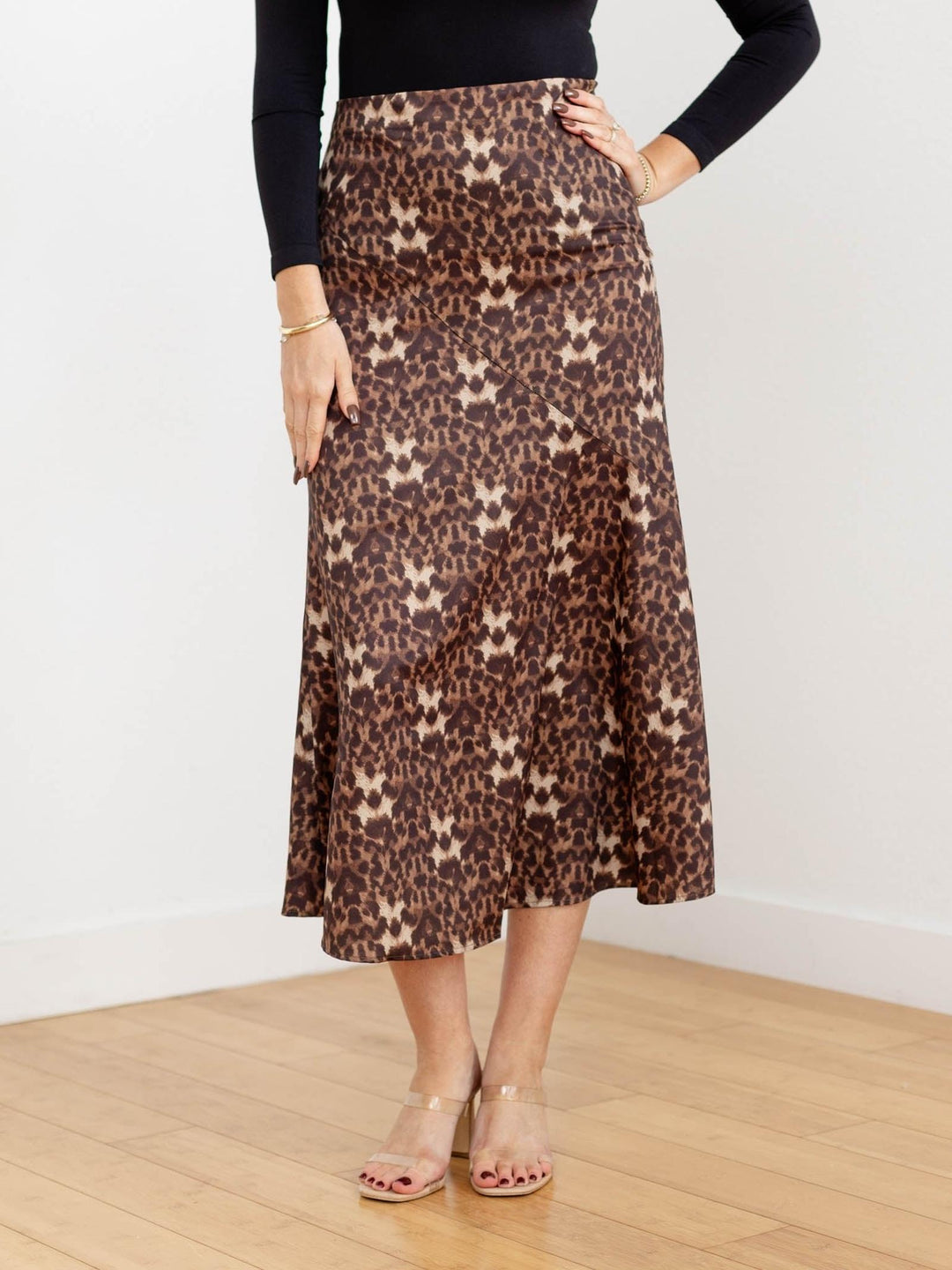 satin leopard print midi skirt