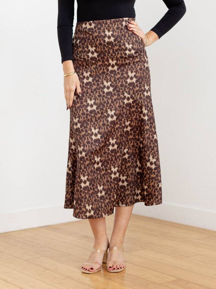 satin leopard print midi skirt