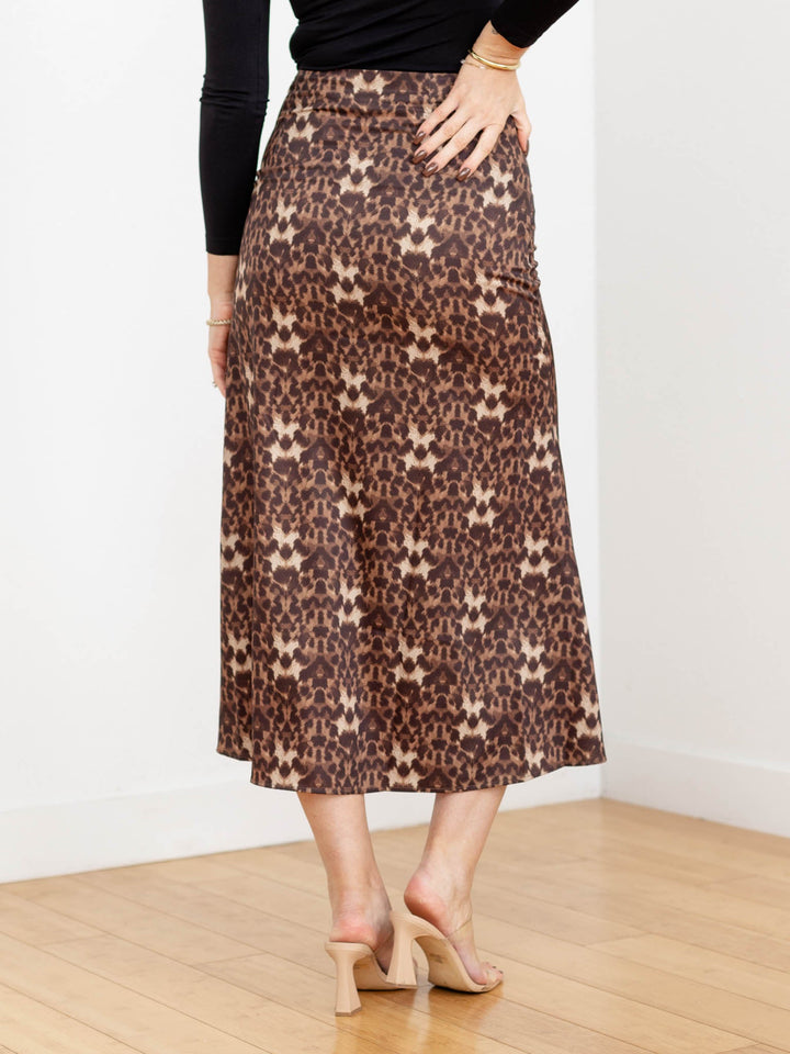 satin leopard print midi skirt