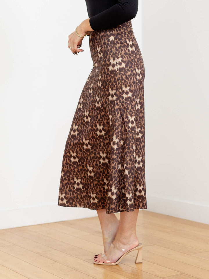 satin leopard print midi skirt