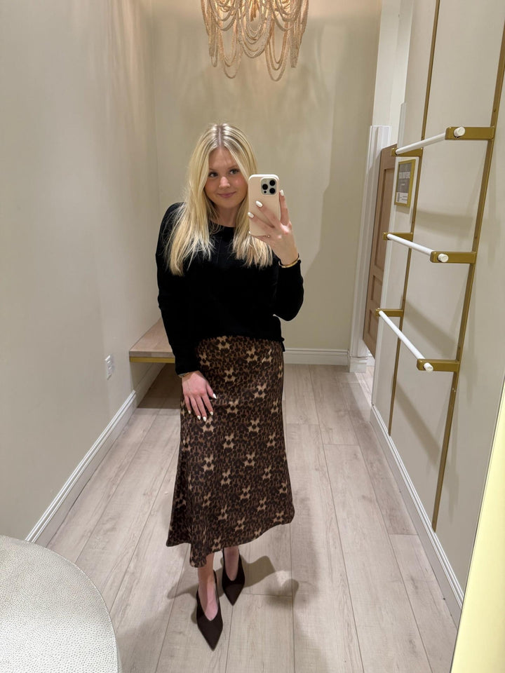 PINCH Leopard Silky Block Detail Midi Skirt
