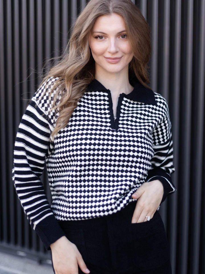 PINCH Mixed Pattern Quarter Zip Knit Sweater