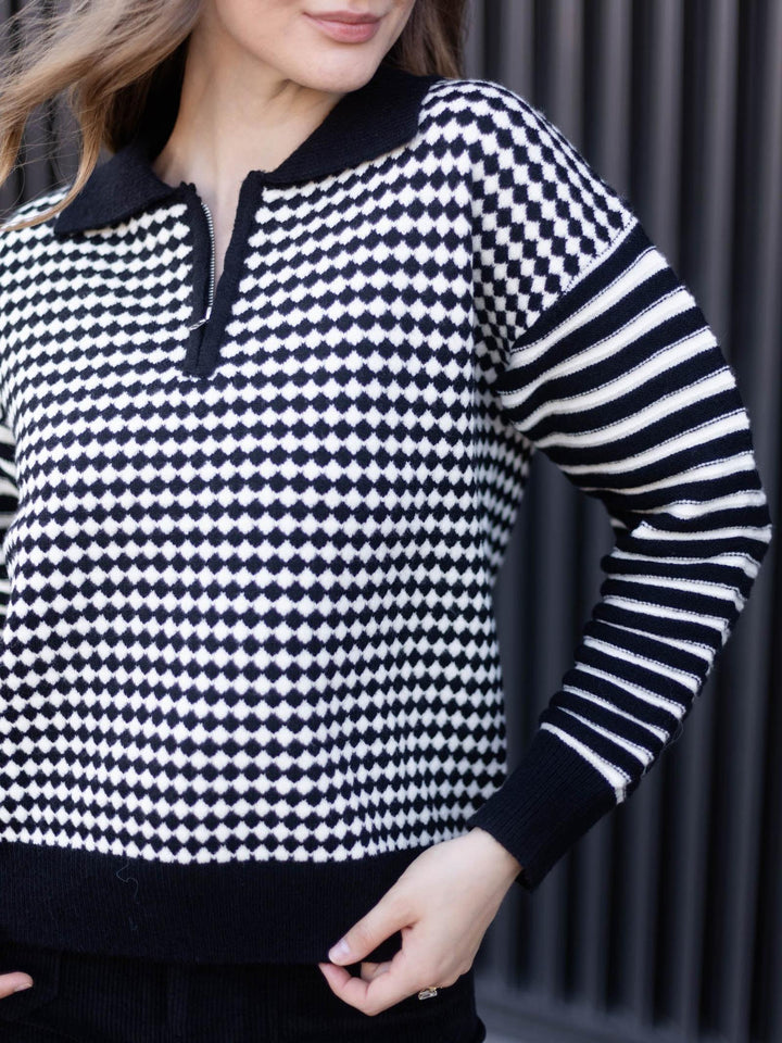 PINCH Mixed Pattern Quarter Zip Knit Sweater