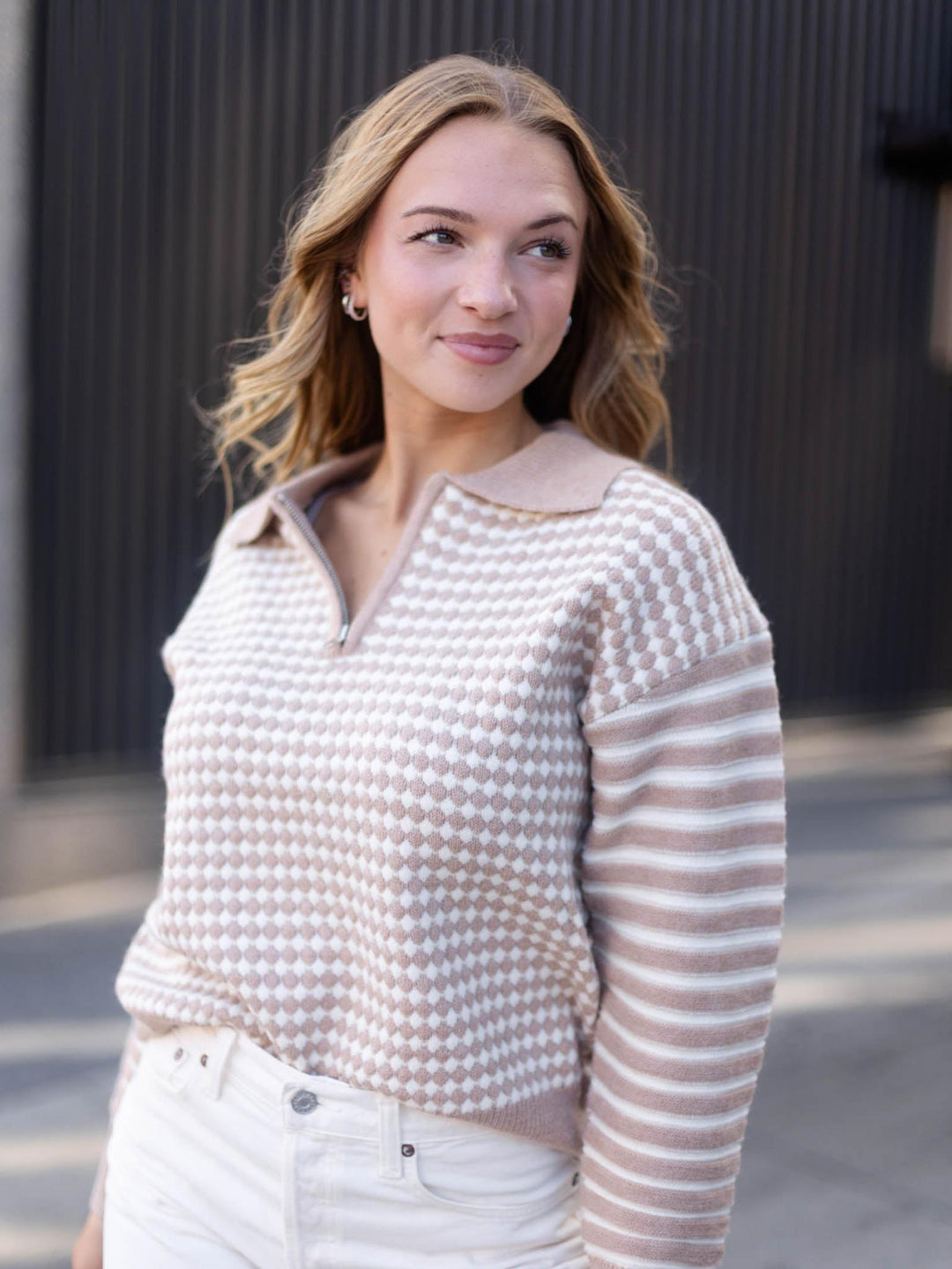 PINCH Mixed Pattern Quarter Zip Knit Sweater