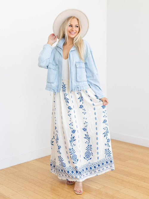 blue and white maxi skirt