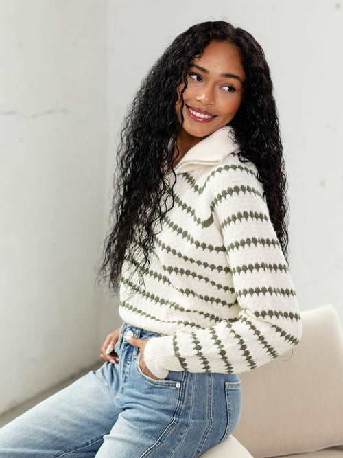 green stripe half zip sweater