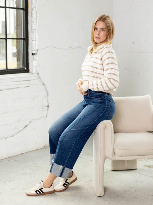 neutral stripe half zip sweater