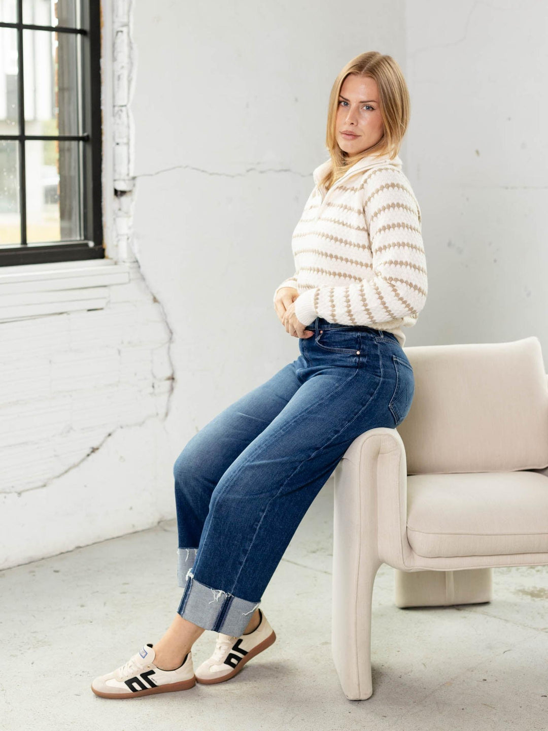 neutral stripe half zip sweater