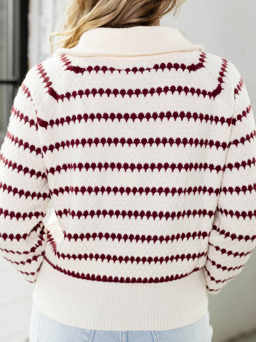 red stripe half zip sweater