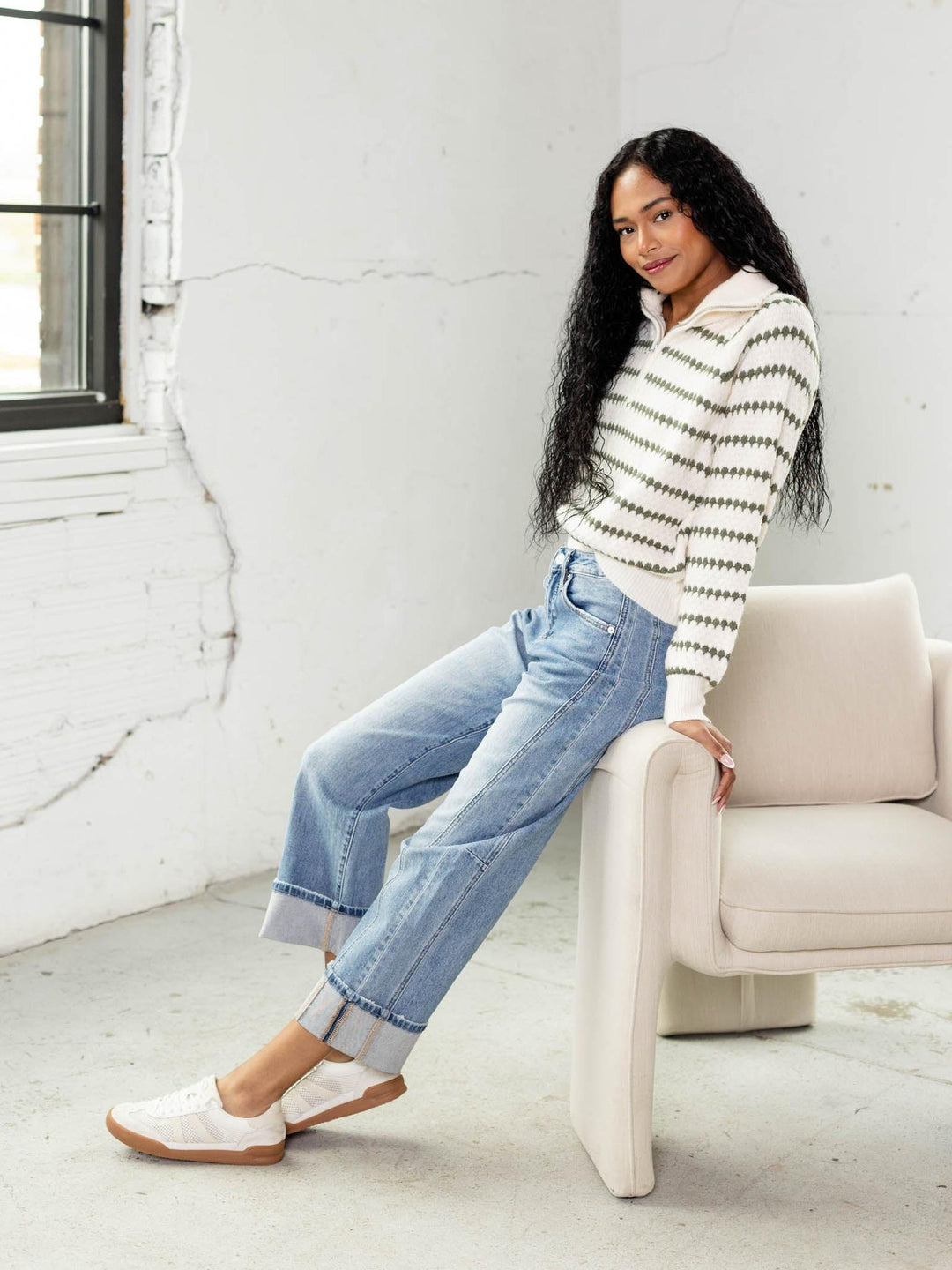 green stripe half zip sweater