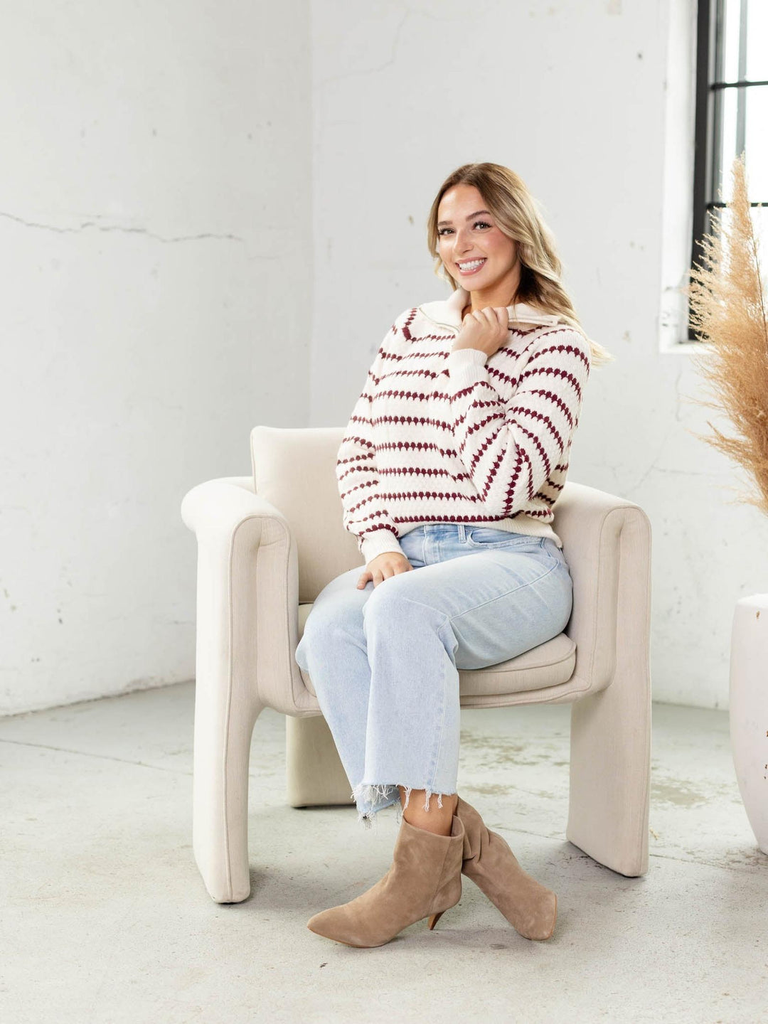 red stripe half zip sweater