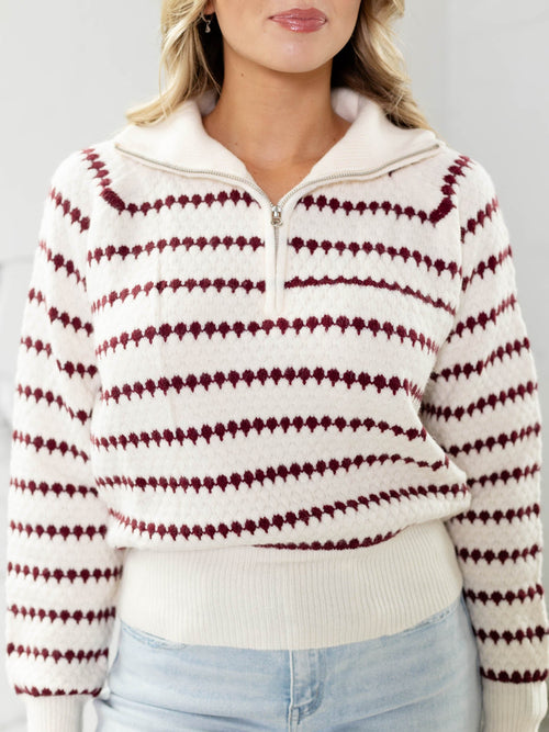 red stripe half zip sweater