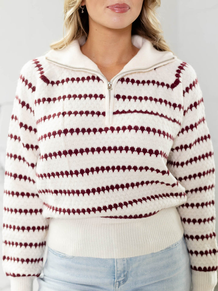 red stripe half zip sweater