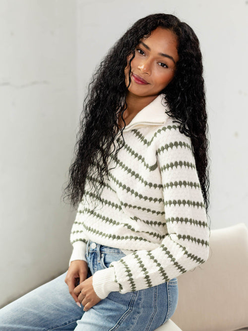 green stripe half zip sweater