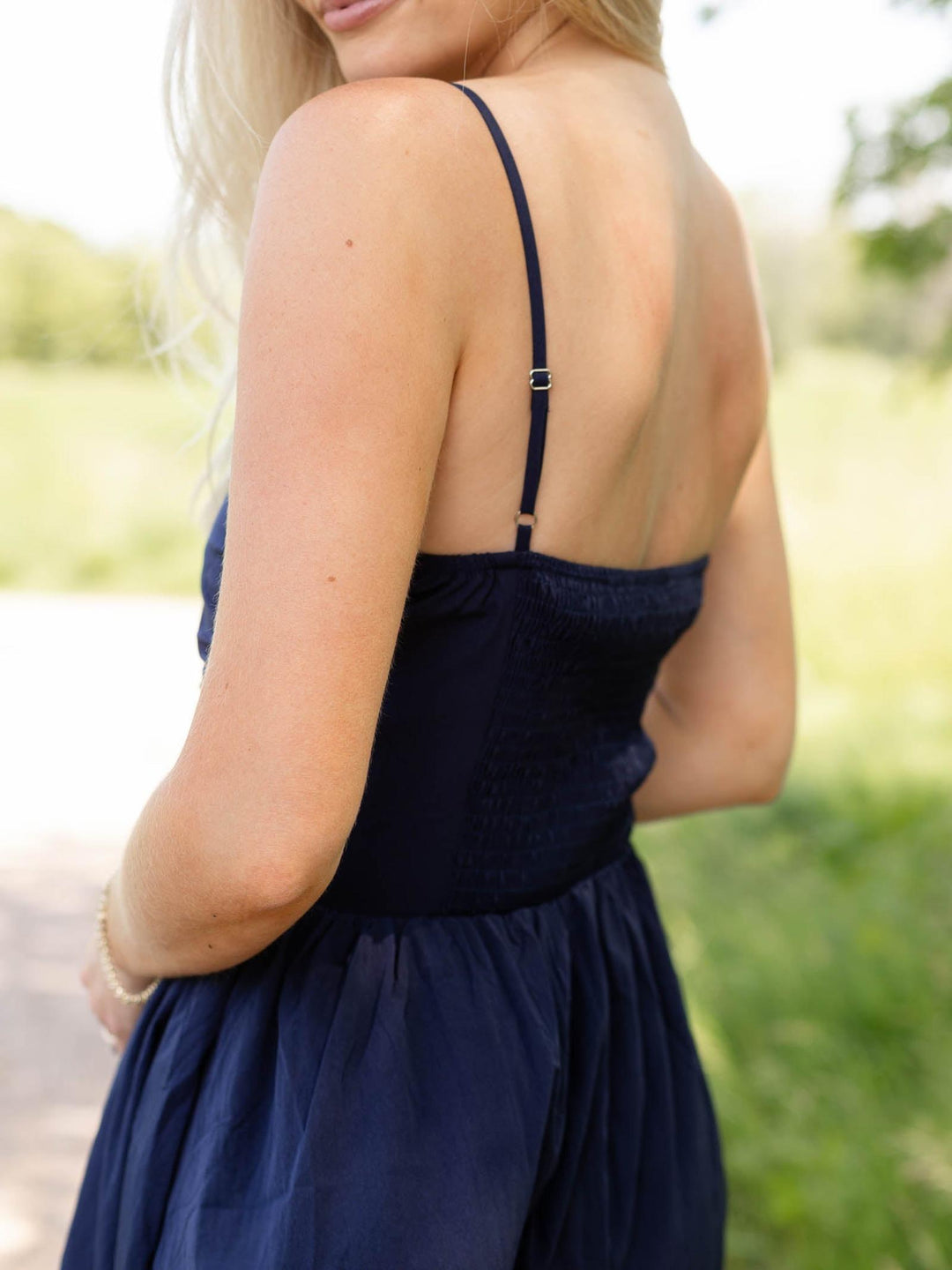 navy blue midi length structured dress