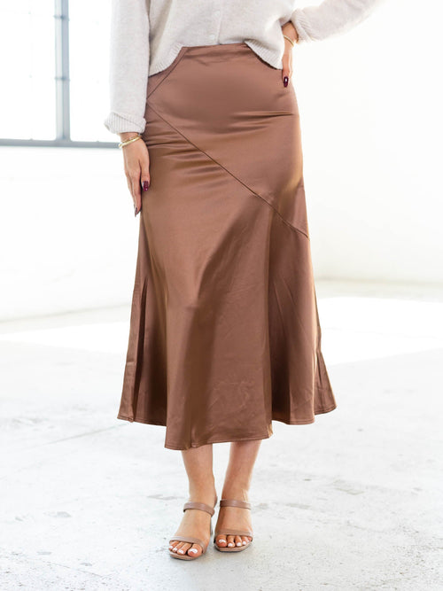 silky brown midi skirt