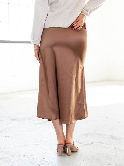 silky brown midi skirt