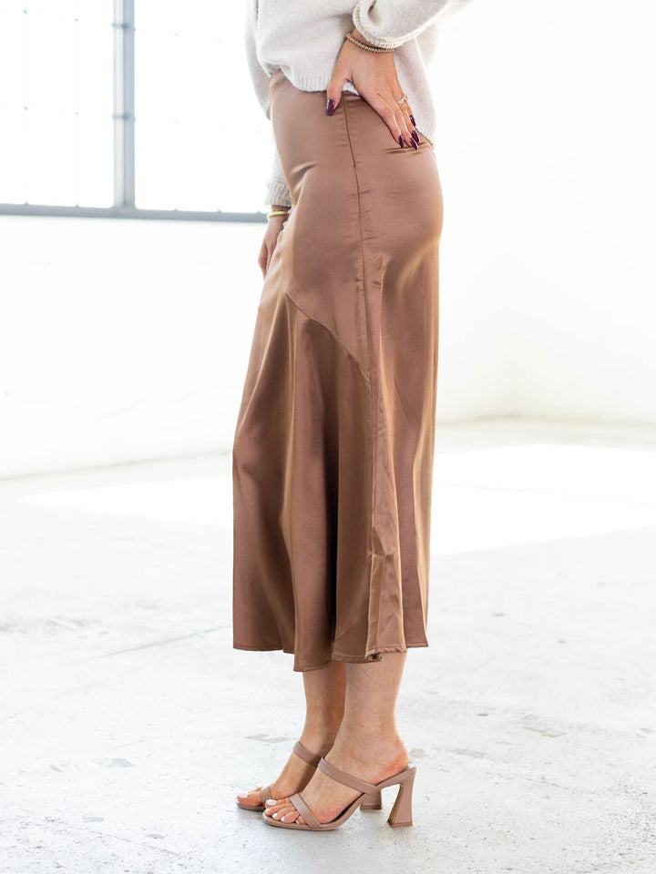 silky brown midi skirt